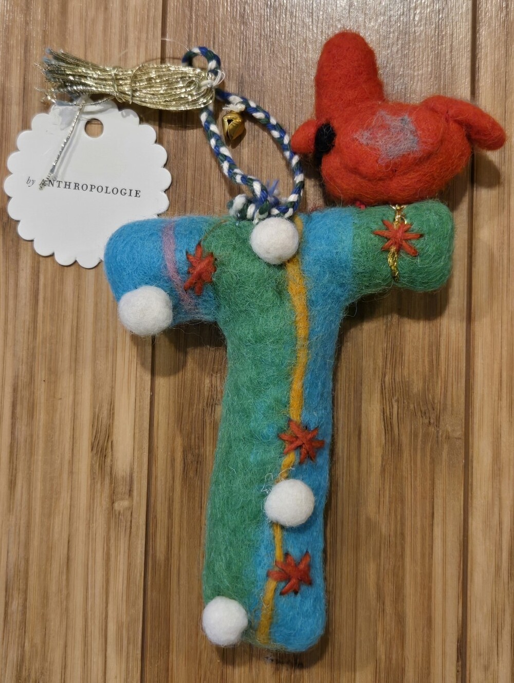 NWT Anthropologie Felt Letter 'T' Ornament in Green, Blue and Red